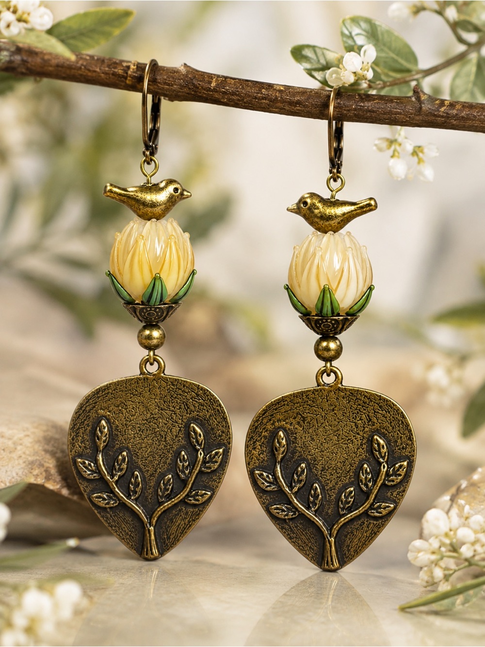 Bird Earrings, Lampwork Glass, Tree of Life Dangle Earrings, Bronze Boho Jewelry